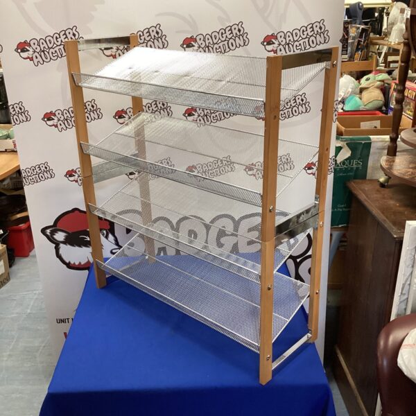 Two wooden & mesh shoe racks