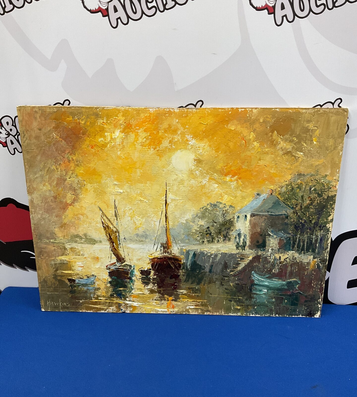 Oil on board signed hawking of sail boats in dock
