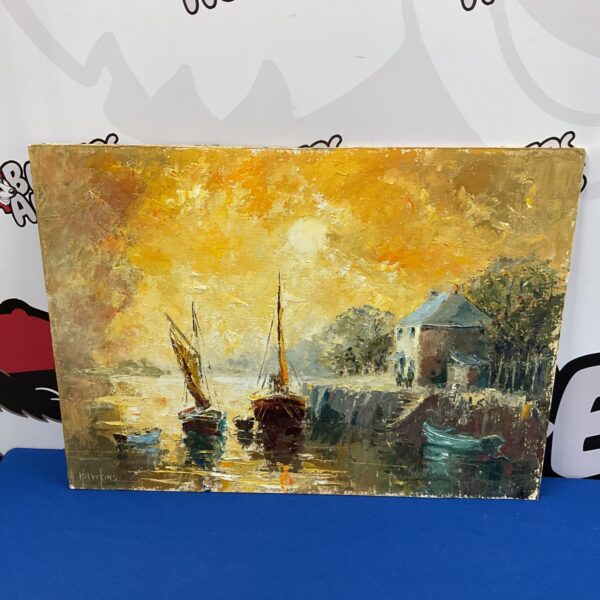 Oil on board signed hawking of sail boats in dock