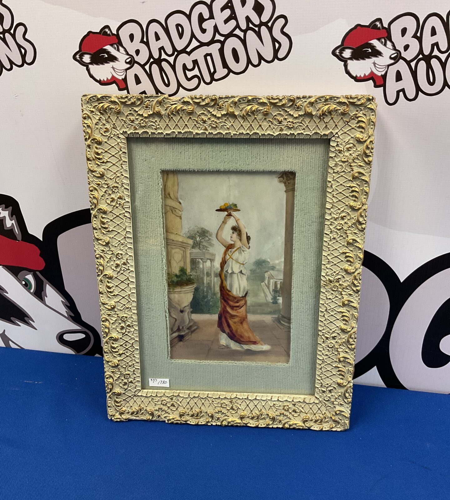 Antique framed painting on glass of a greek maiden