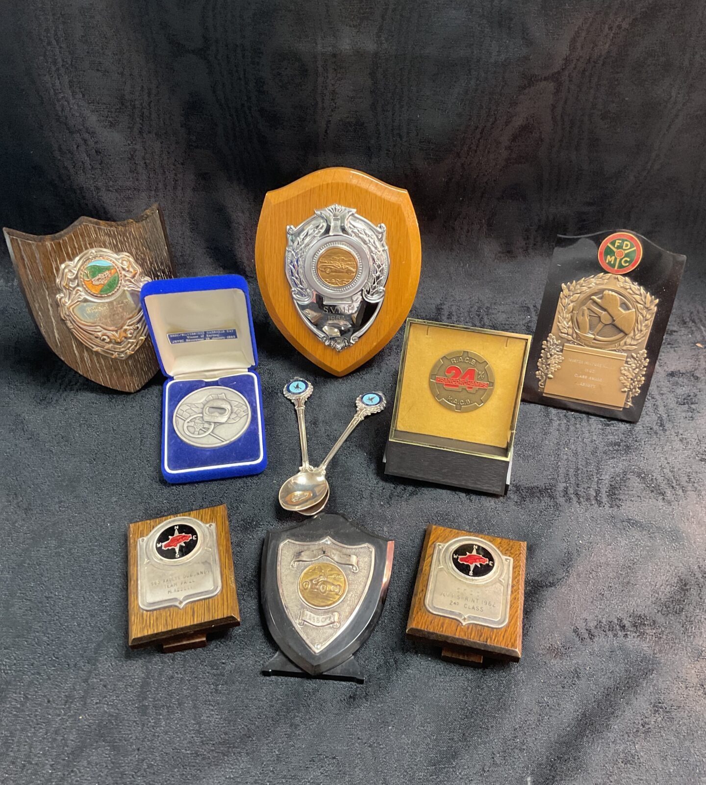 Collection of vintage 1960s motorsport Trophies and two spoons