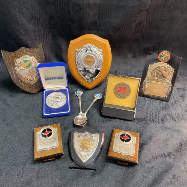 Collection of vintage 1960s motorsport Trophies and two spoons