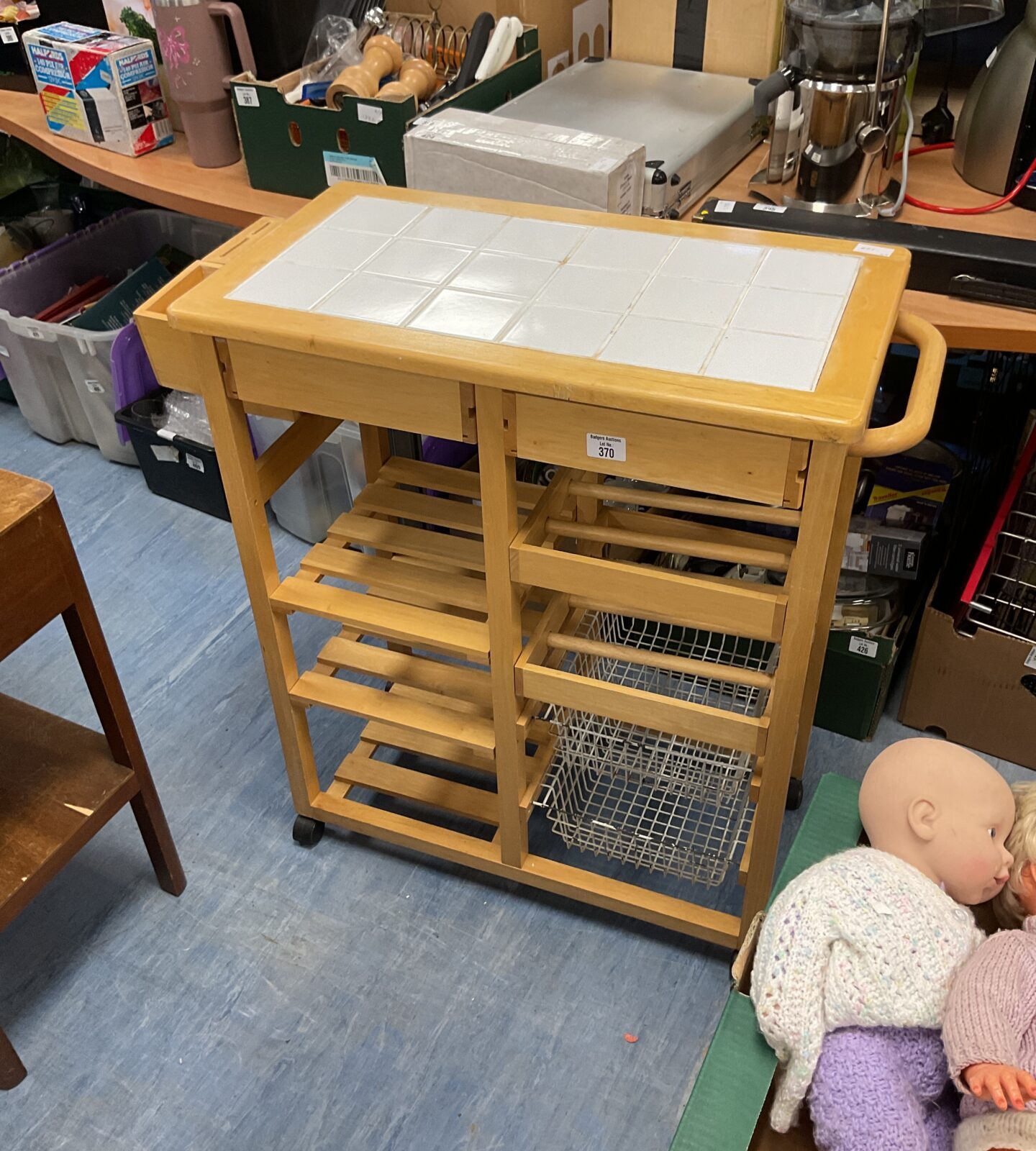 Pine tile topped kitchen unit trolley