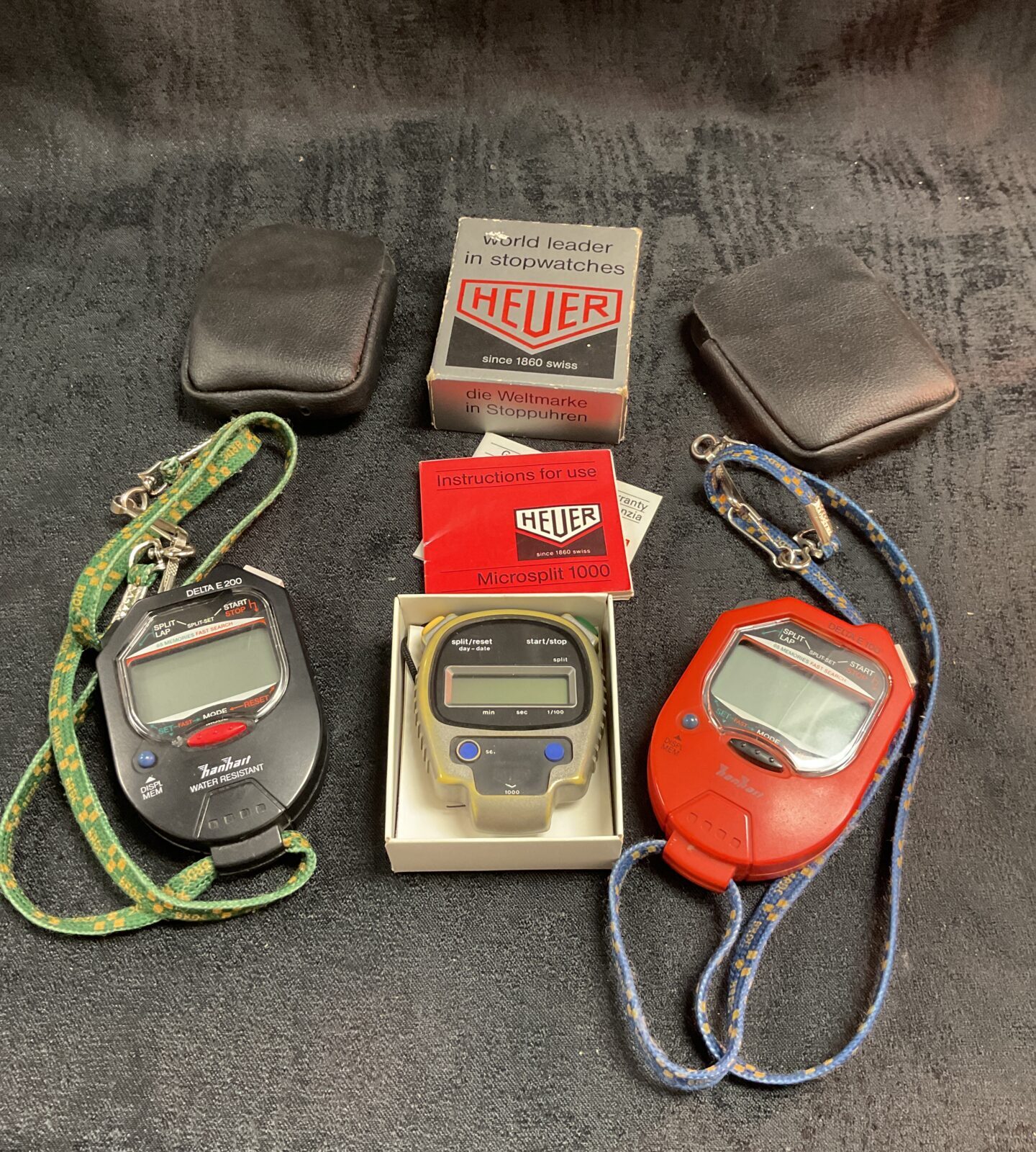 Two Hanhart Digital stopwatches and Tag Heuer Microsplit 1000 Digital stopwatch
