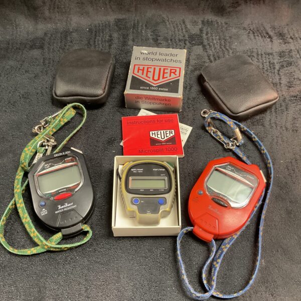 Two Hanhart Digital stopwatches and Tag Heuer Microsplit 1000 Digital stopwatch