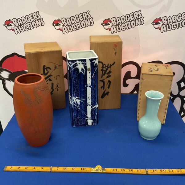 three boxed signed japanese vases