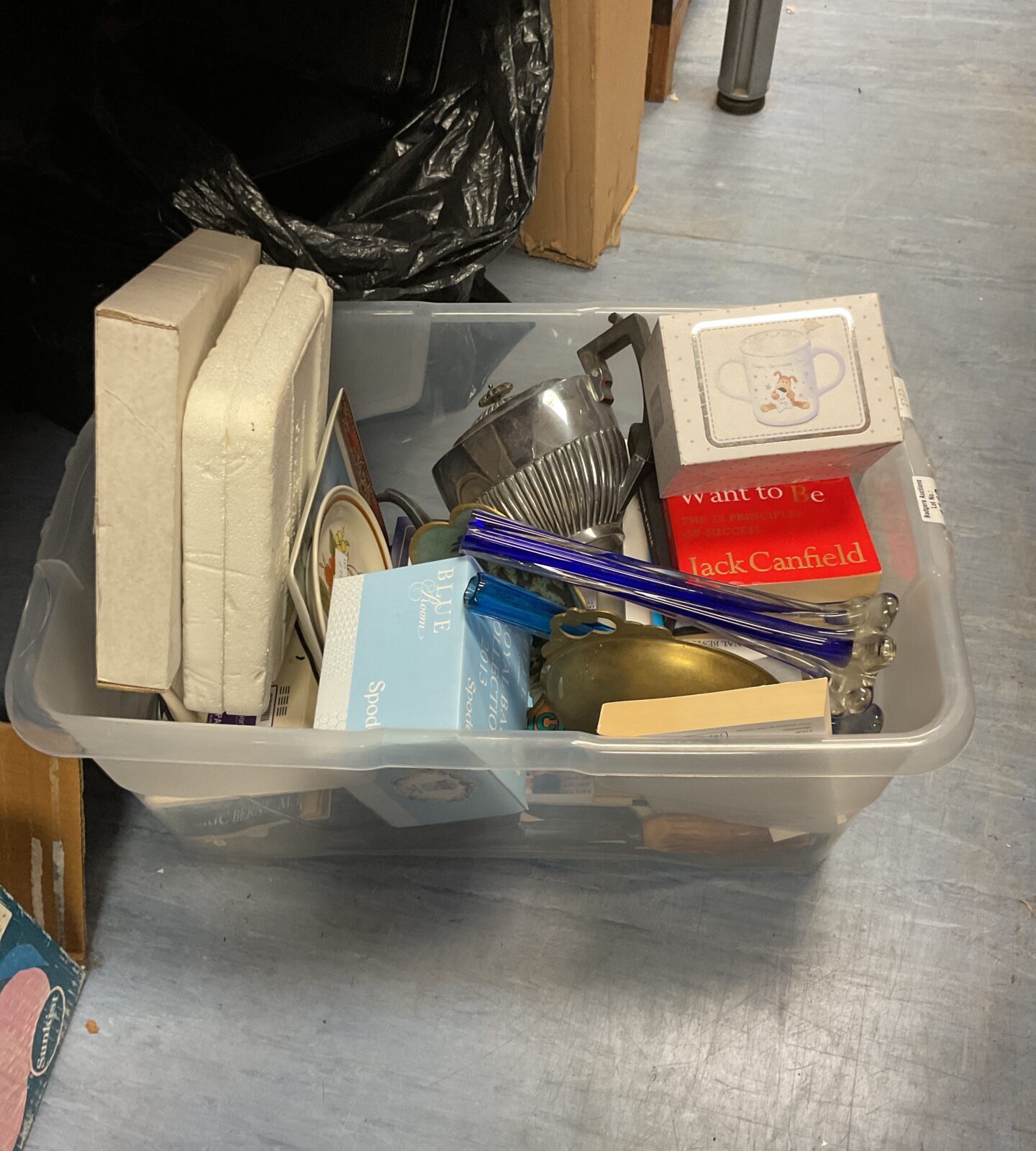 Box of mixed inc china, collectors plates inc spode, vases and brass