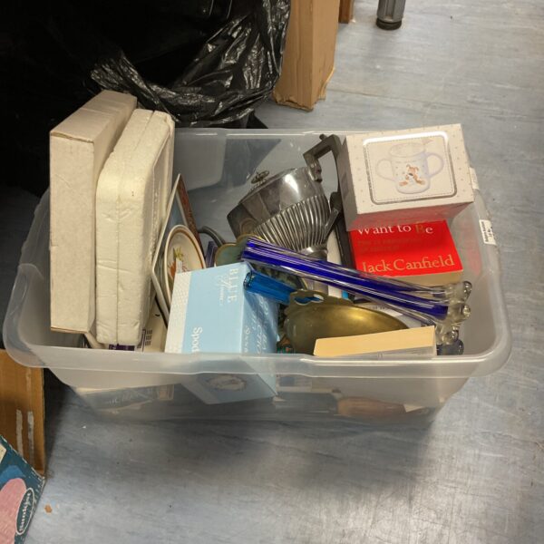 Box of mixed inc china, collectors plates inc spode, vases and brass