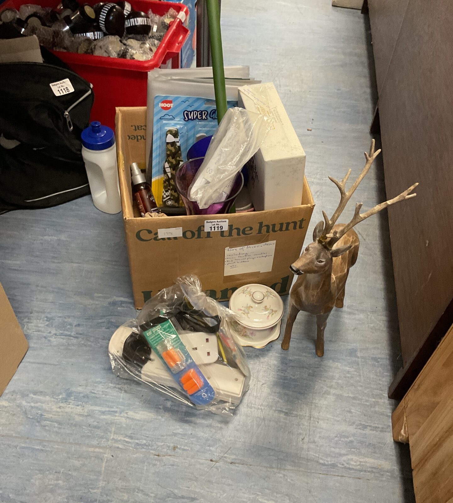 Box of mixed inc deer sculpture, crown china and other decorative items