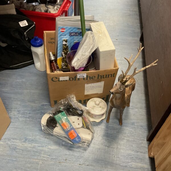 Box of mixed inc deer sculpture, crown china and other decorative items