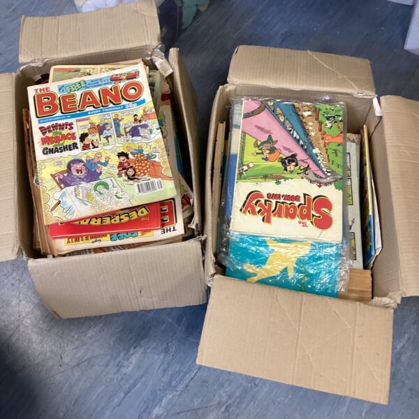 Two boxes of vintage comics & annuals inc beano, the sparky book & the desperate dan