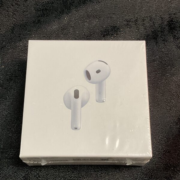 White wireless earpods presented in original packaging.