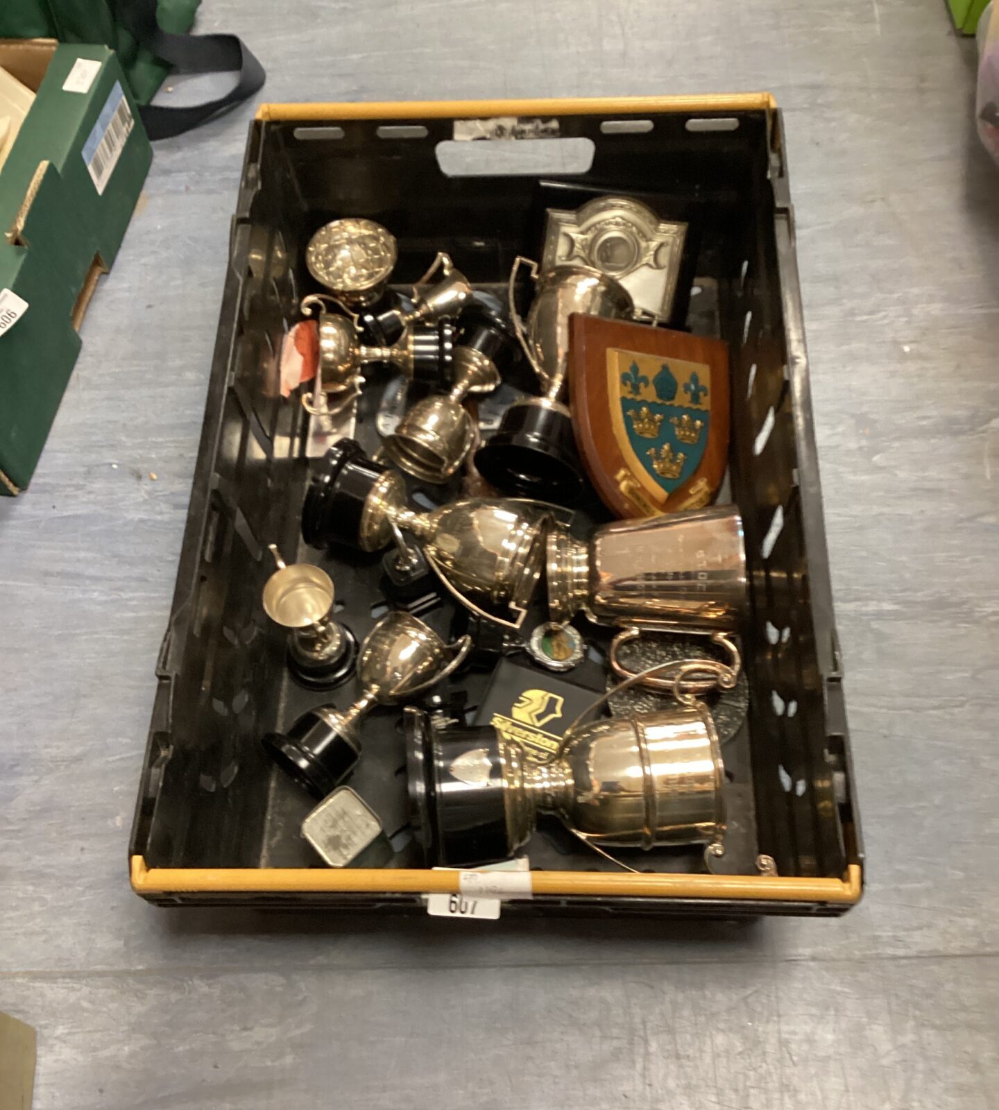Crate of mixed trophies mostly motor racing