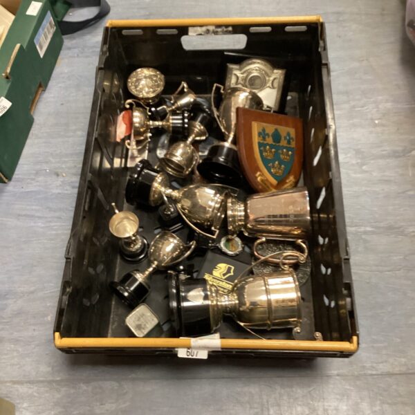 Crate of mixed trophies mostly motor racing