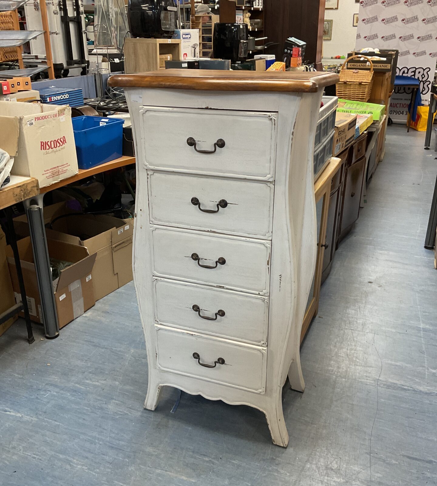 Five drawer shabby chic pine tallboy unit