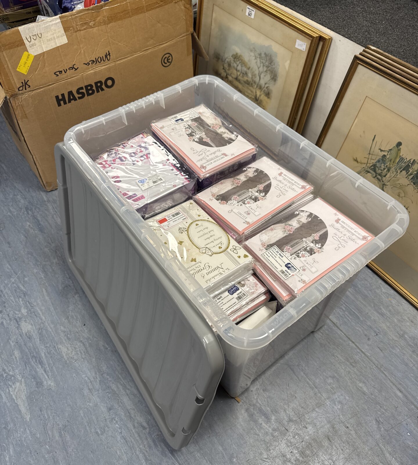 Large box of assorted new packs of anniversary & greetings cards etc