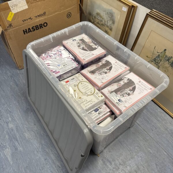 Large box of assorted new packs of anniversary & greetings cards etc