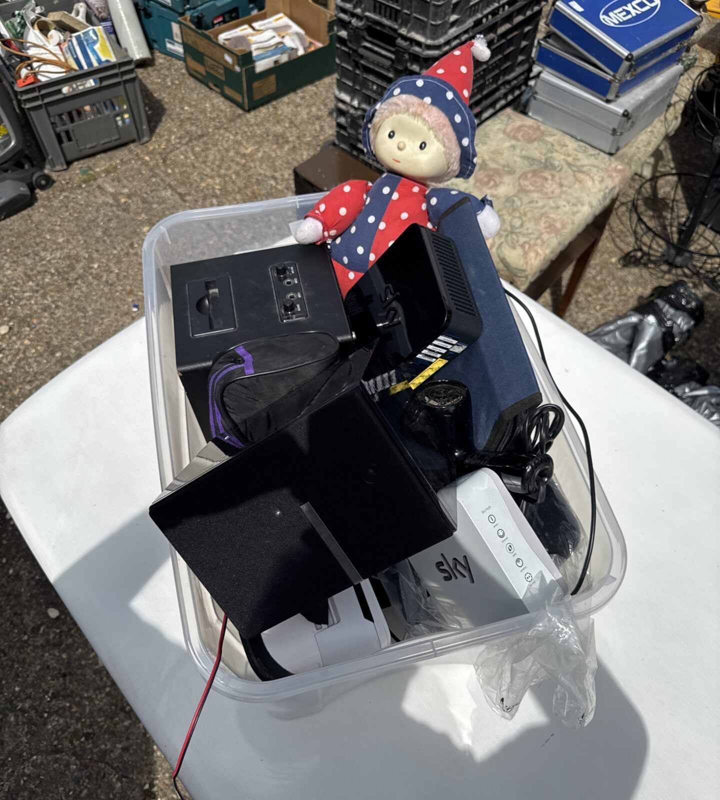 Box of mixed items inc vintage quilters doll, electricals and sky boxes