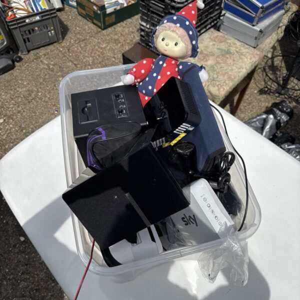 Box of mixed items inc vintage quilters doll, electricals and sky boxes