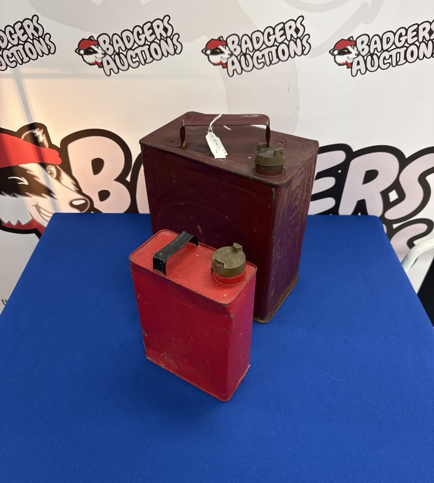 Vintage esso fuel can & red oil can with plain brass caps