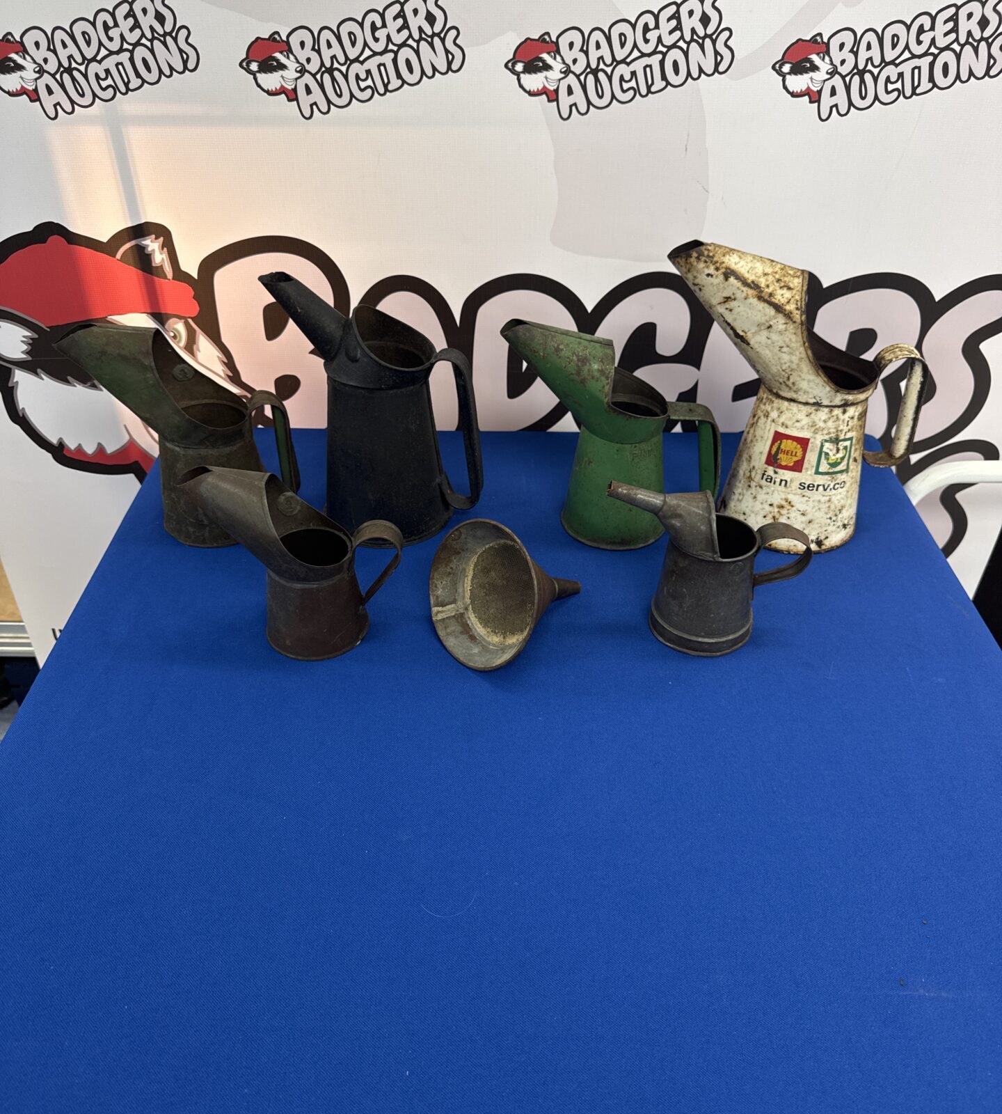 Selection of vintage oil cans & a Dover funnel