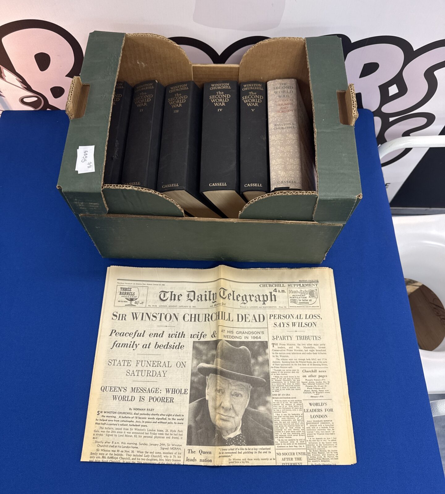 Set of Cassell Winston Churchill The Second World War books with a 1965 reprint of the daily telegraph death of Churchill paper