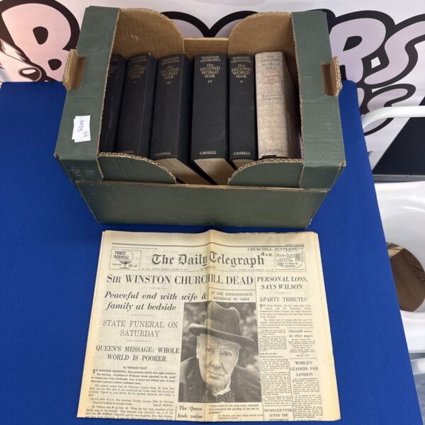 Set of Cassell Winston Churchill The Second World War books with a 1965 reprint of the daily telegraph death of Churchill paper