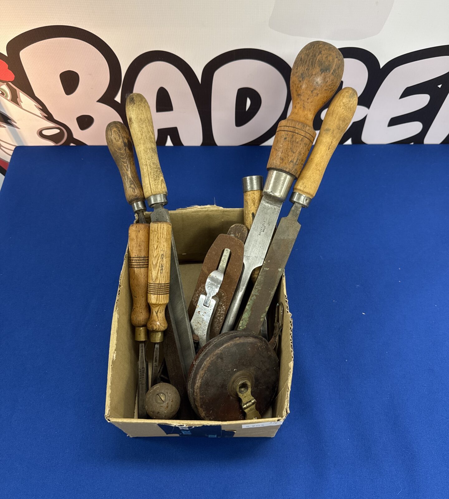 Box of vintage woodworking tools & a Chesterman tape measure