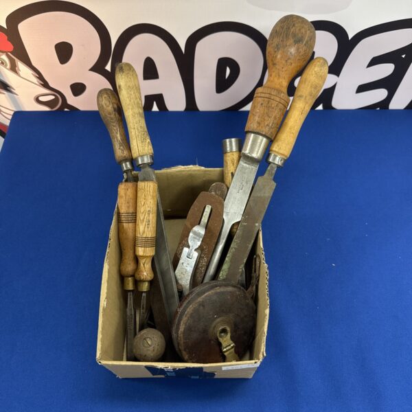 Box of vintage woodworking tools & a Chesterman tape measure