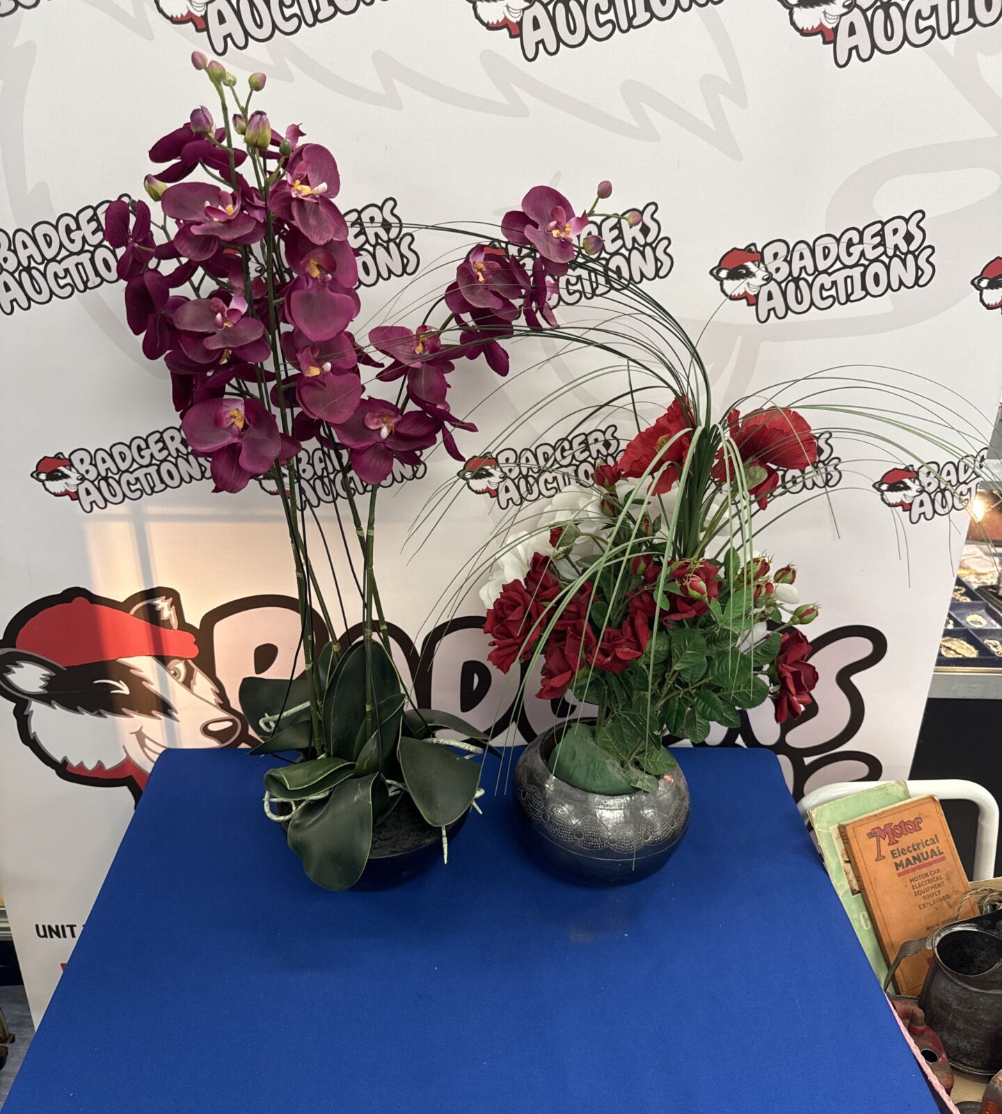 Two faux plants in pots inc orchid