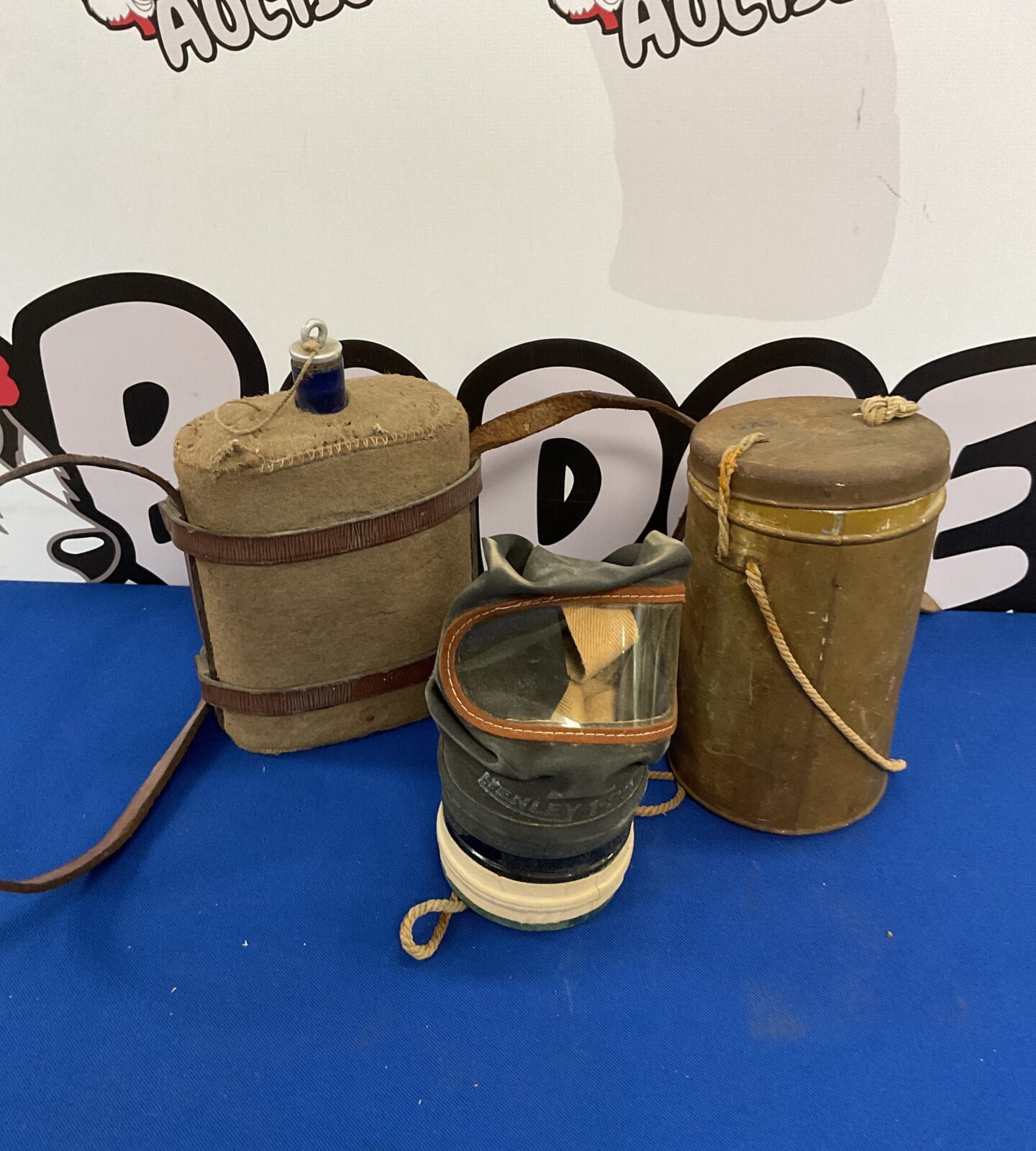 Ww2 Officers Water Canteen with leather webbing and Civilian gas mask in original tin