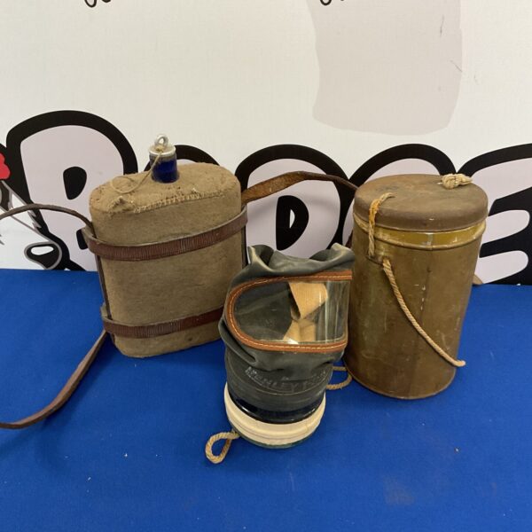 Ww2 Officers Water Canteen with leather webbing and Civilian gas mask in original tin
