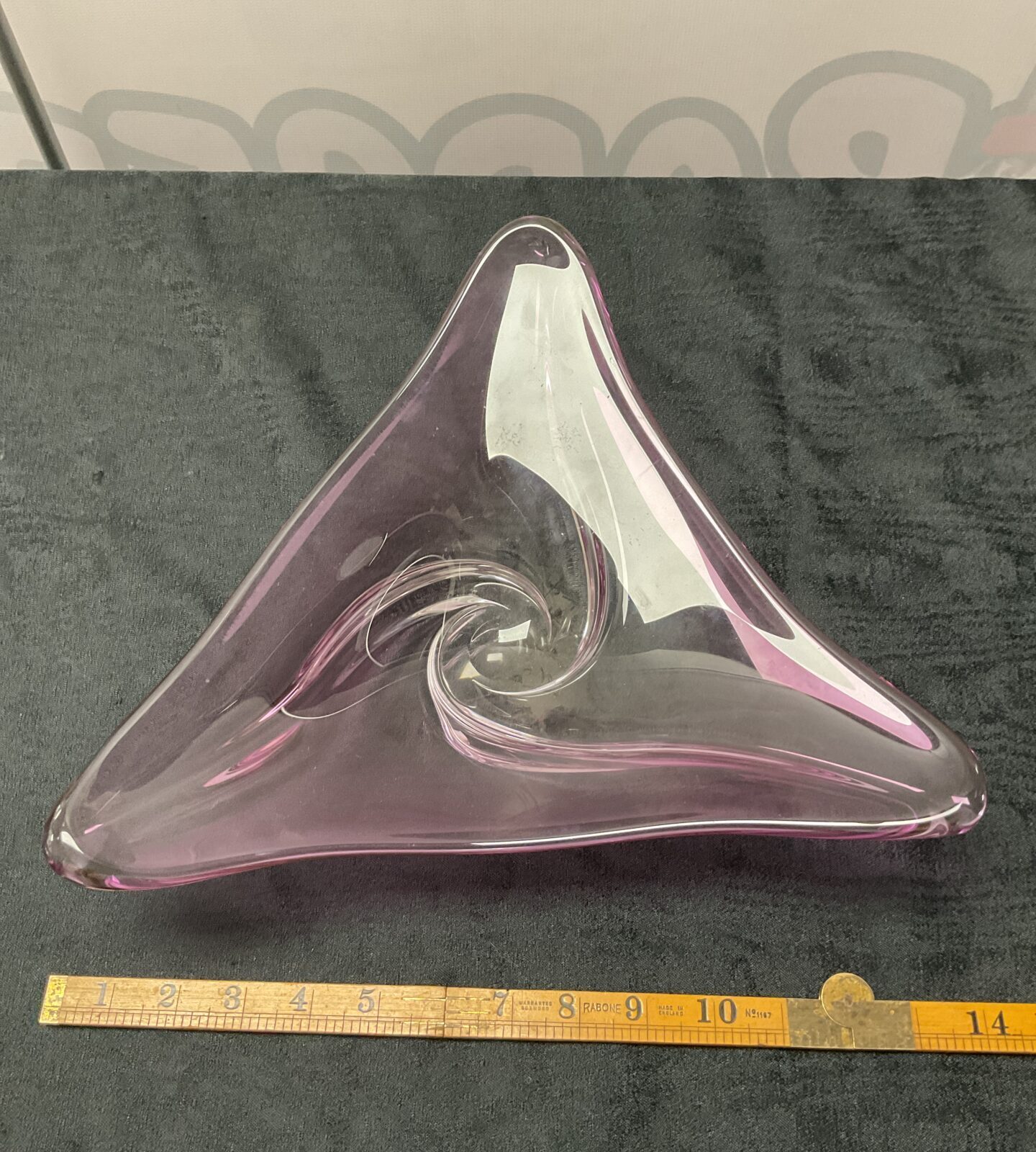 Large Tricorn glass swirl dish signed on base