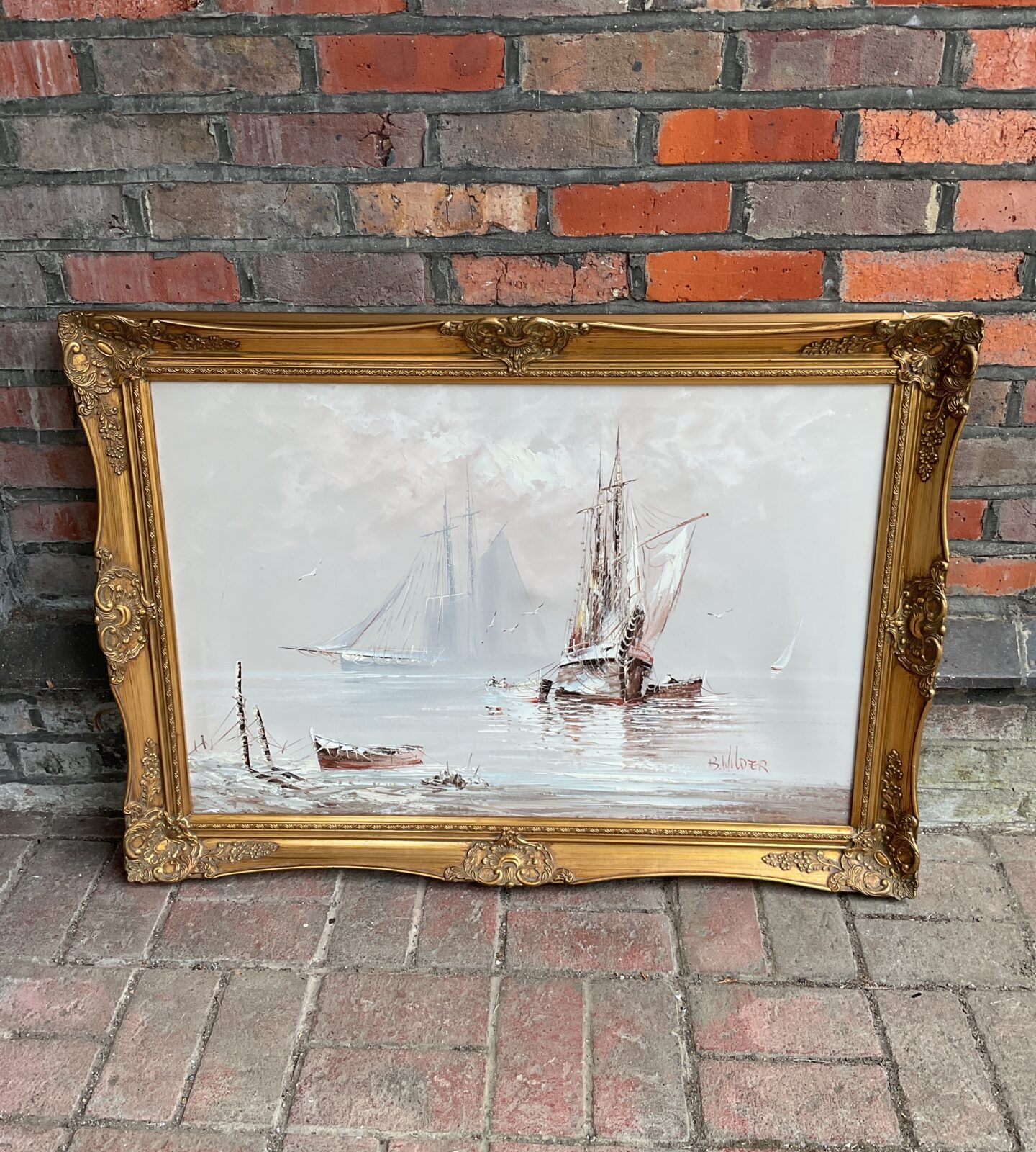 Large gilt framed B wilder signed oil painting of sail boats