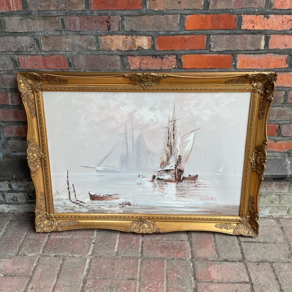 Large gilt framed B wilder signed oil painting of sail boats