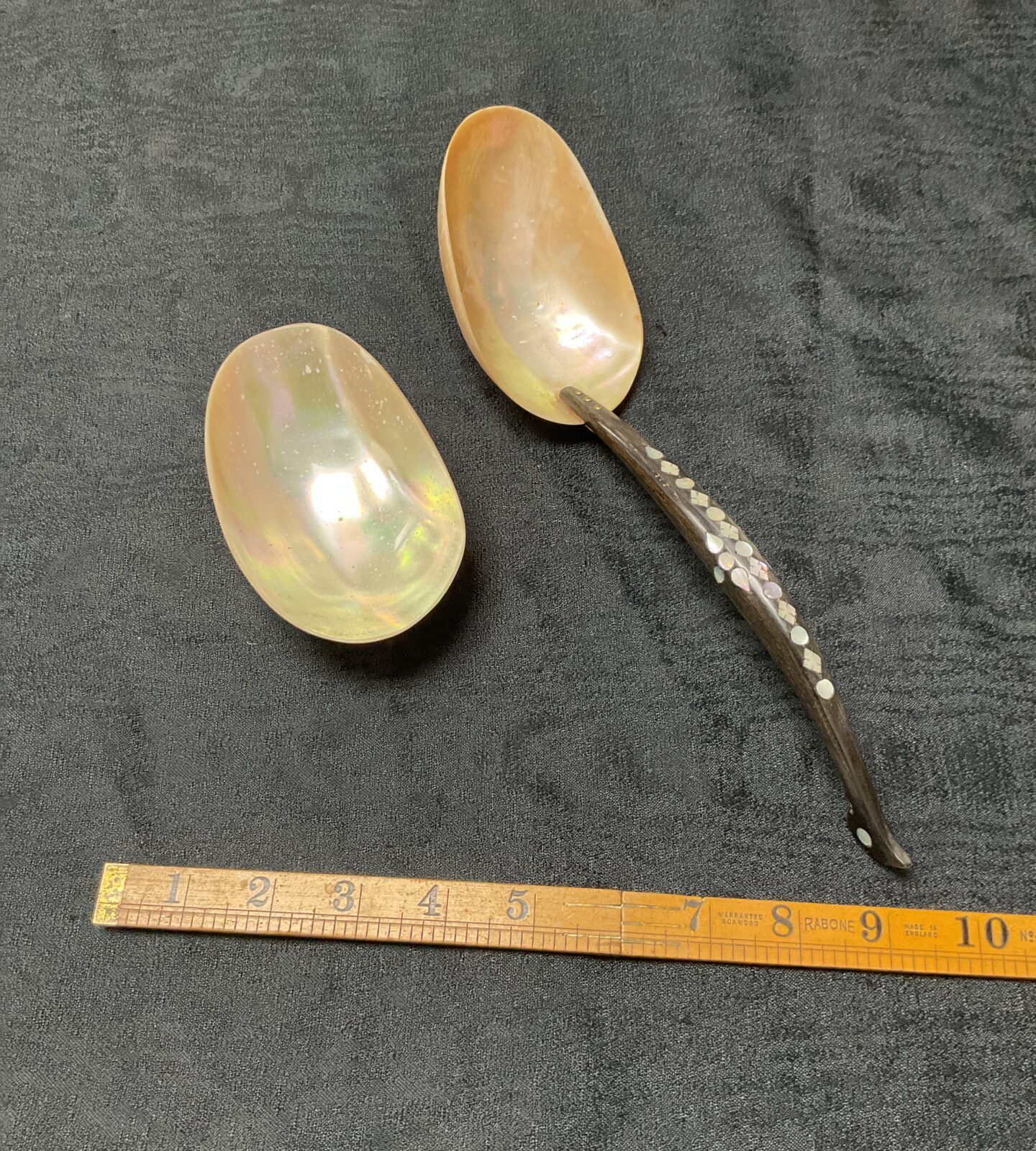 Mother of Pearl spoon with inlaid handle and spoon rest