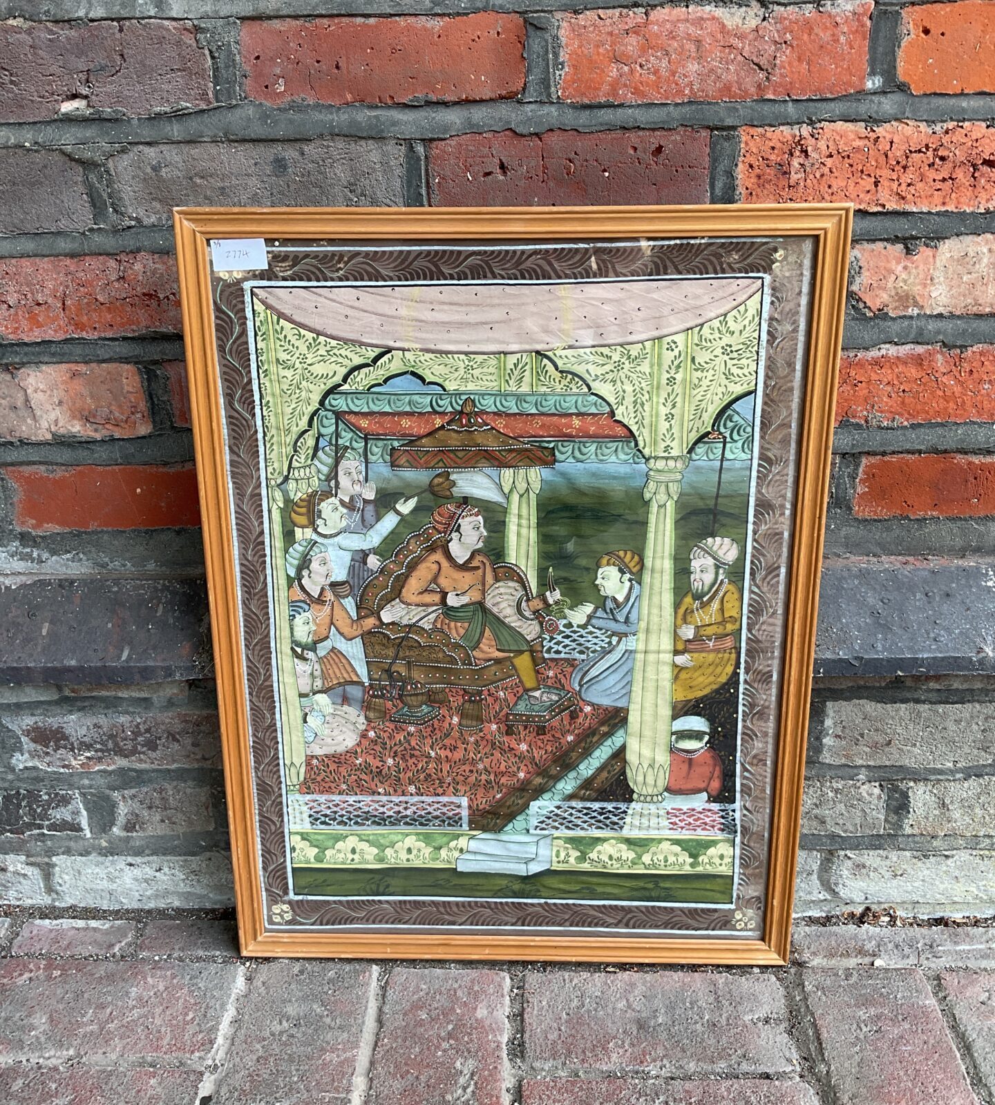 Antique framed persian watercolour on silk of a royal meeting