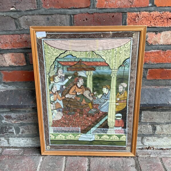 Antique framed persian watercolour on silk of a royal meeting