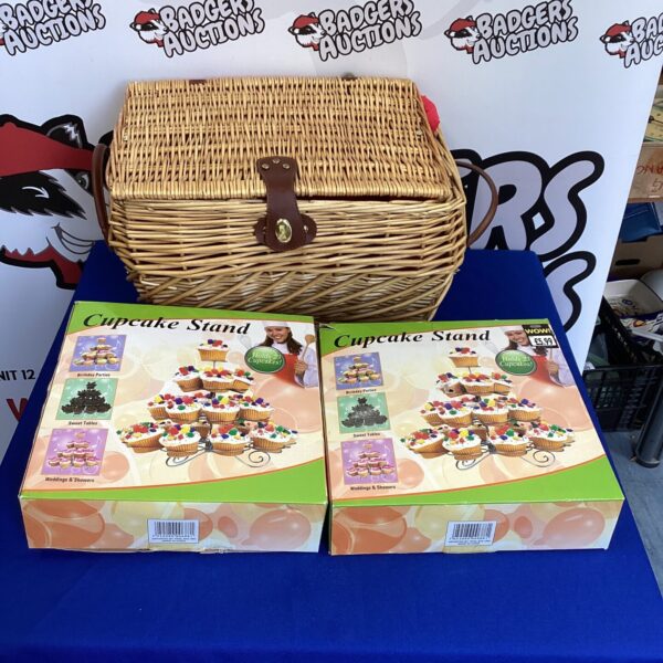 Wicker Basket with two cupcake stands