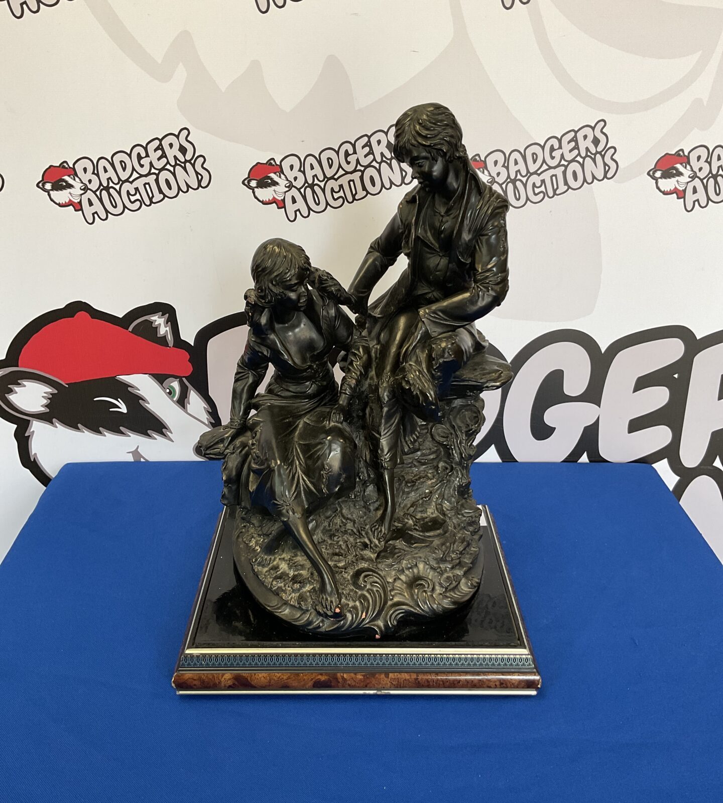 Large romantic bronzed terracotta sculpture of lovers
