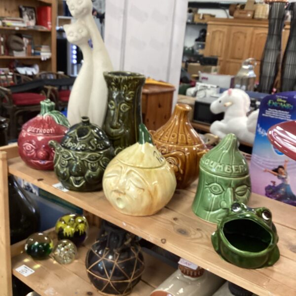 Vintage Sadler pottery kitchen jars in vegetable shapes.