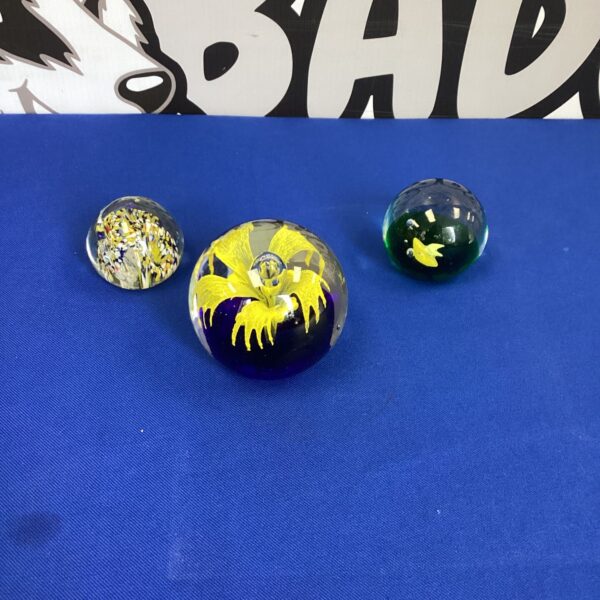 Vibrant floral design within a clear glass paperweight.