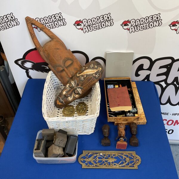 Basket of mixed including African carvings & printers blocks