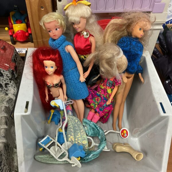 Box of dolls and accessories