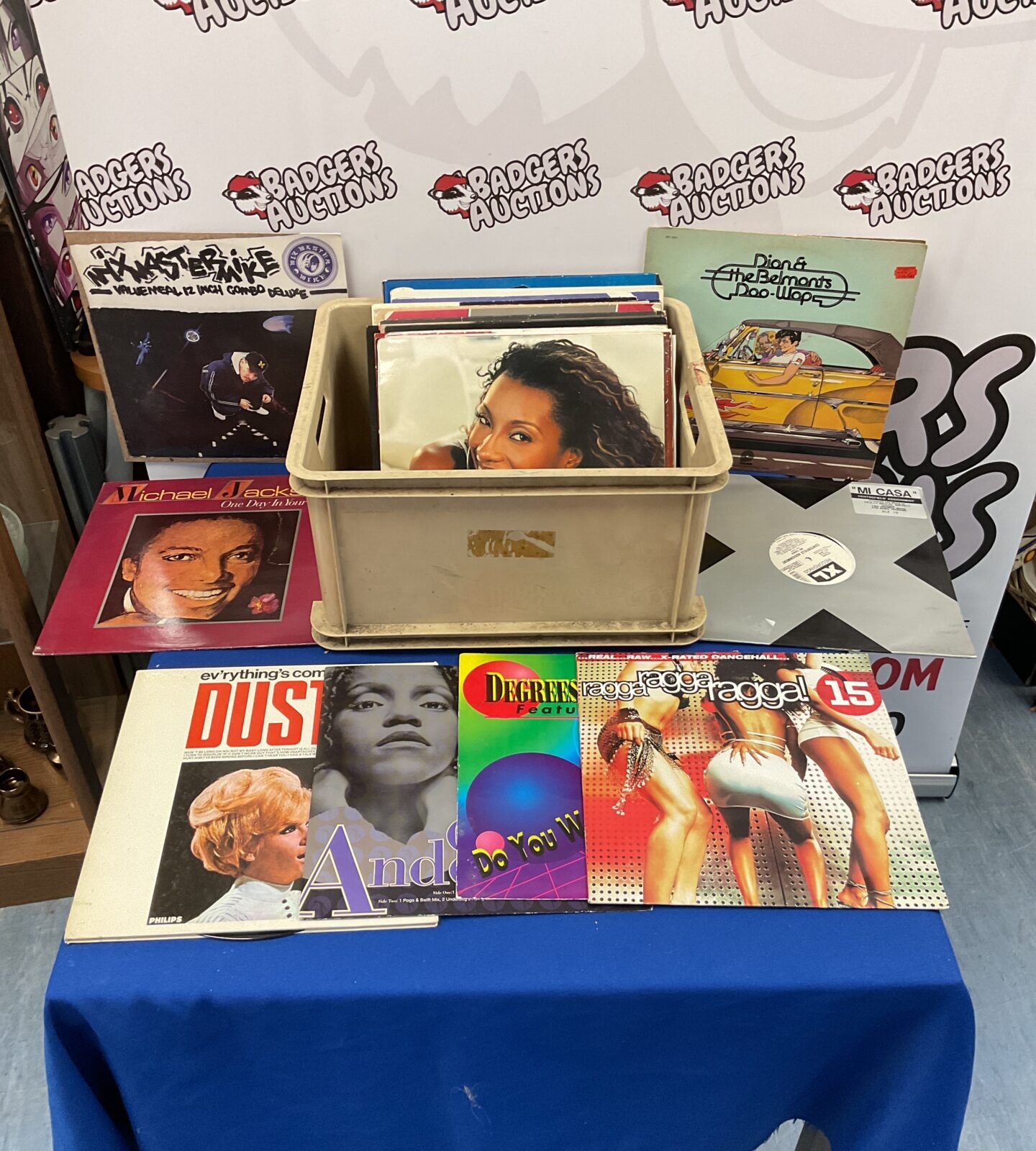 Box of 12” vinyl records including michael jackson
