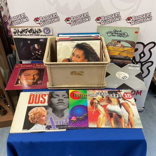Box of 12” vinyl records including michael jackson