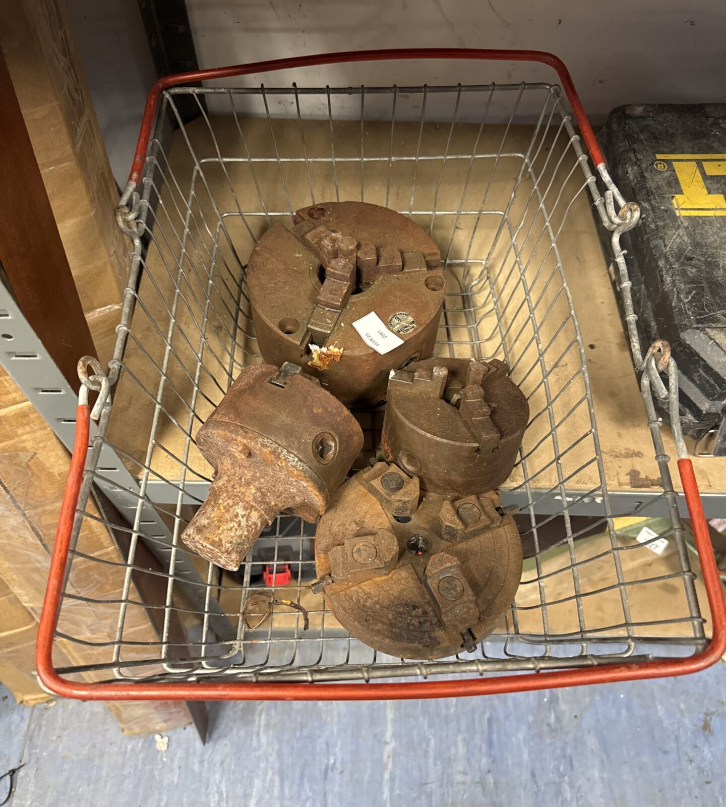 Four large vintage lathe chucks