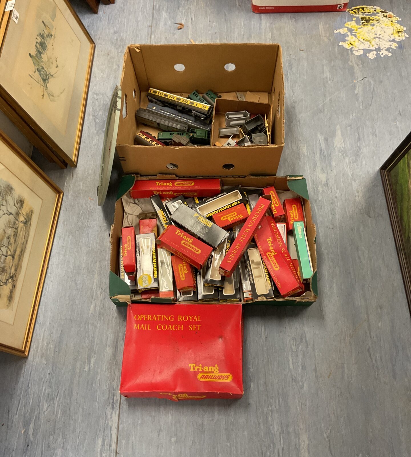 Box of vintage triang carriages and empty boxes