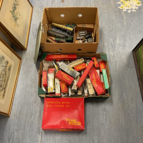 Box of vintage triang carriages and empty boxes