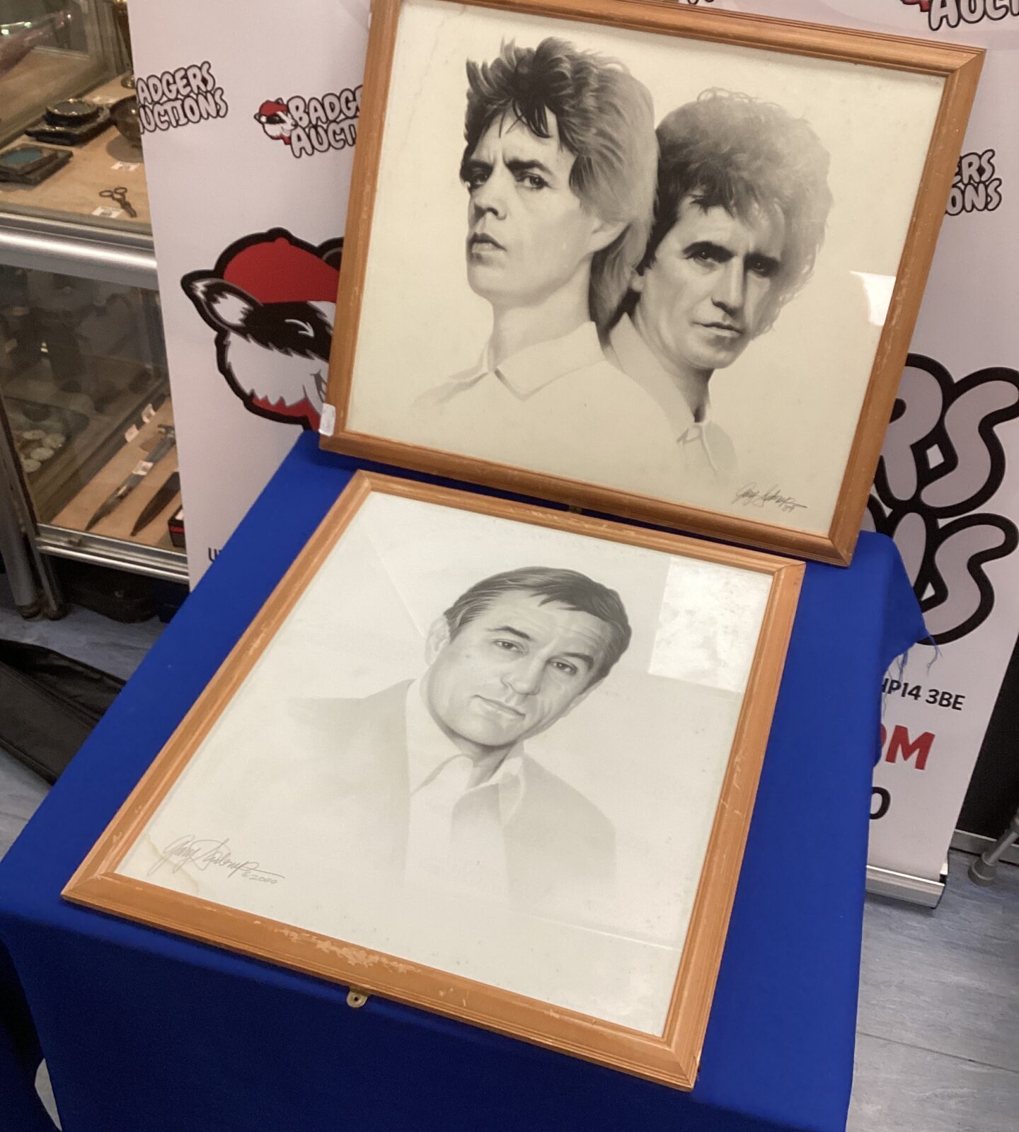 Two Framed Drawings of Mick Jagger with Keith Richards and Robert DeNero